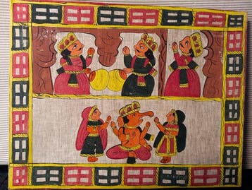 Scuola Bengal Pattachitra - Ganesha con Devoti e Scena