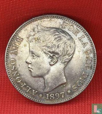 Spanje 5 pesetas 1897, Verzenden, Losse munt
