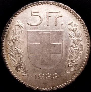 Zwitserland, Bern 5 Francs 1922 Herdsman, Silver Large Type