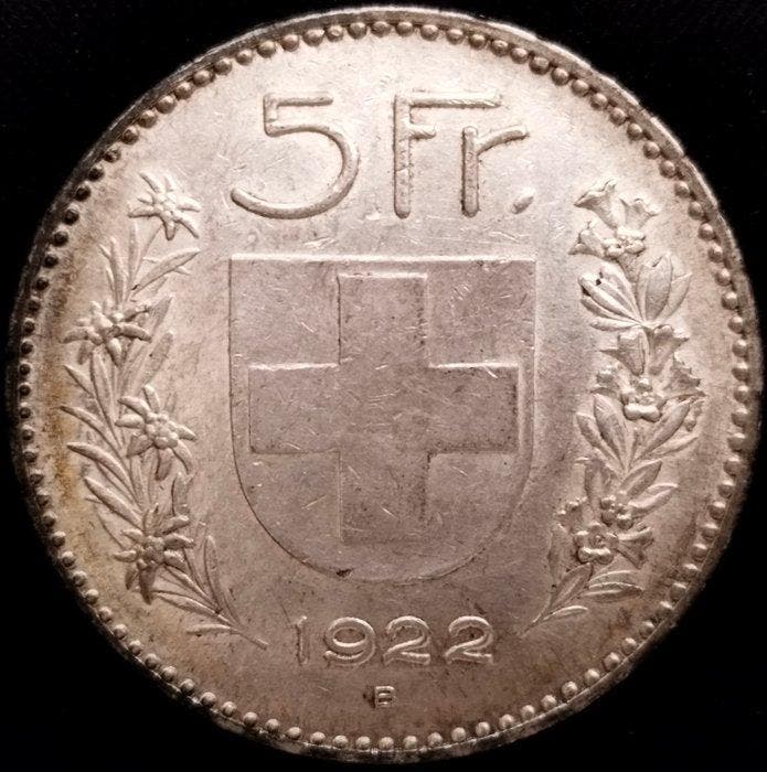 Zwitserland, Bern 5 Francs 1922 Herdsman, Silver Large Type, Postzegels en Munten, Munten | Europa | Niet-Euromunten