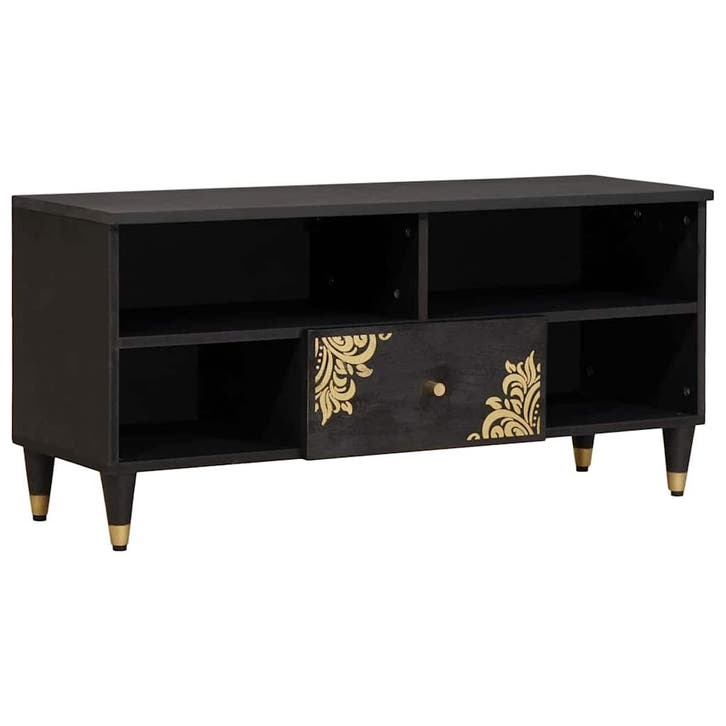 vidaXL TV Kast met lade Zwart 100 x 33 x 46 cm Massief Mango, Maison & Meubles, Accessoires pour la Maison | Étagères pour CD & DVD