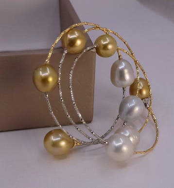 Bracelet Platine, Perles des Mers du Sud dorées et blanches