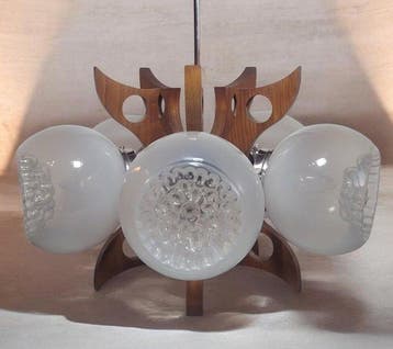 Plafonnier - Verre, bois, chrome.