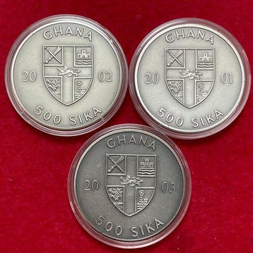 Ghana. 500 sika Lote de 3 monedas de 1 Oz - 2001-2002-2003 -