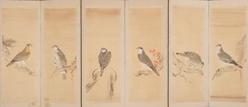 Vouwscherm met zittende roofvogels - Papier, zijde, gelakt