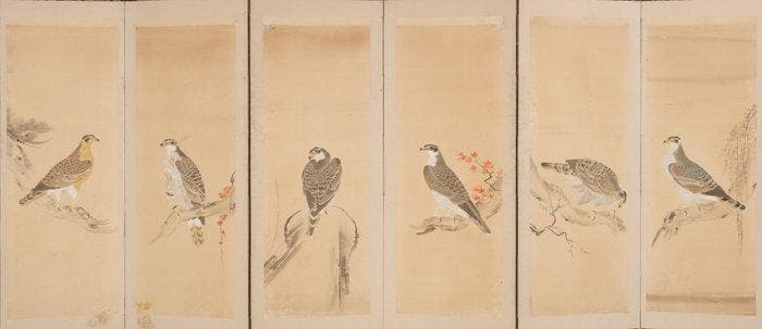 Vouwscherm met zittende roofvogels - Papier, zijde, gelakt, Antiek en Kunst, Antiek | Overige Antiek