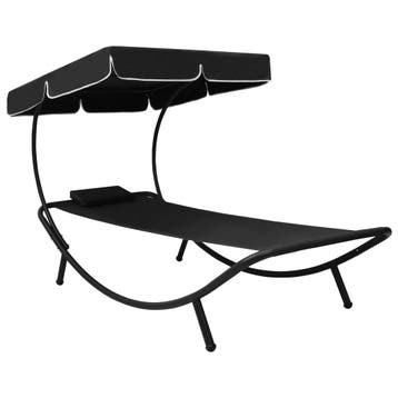 vidaXL Loungebed met luifel en kussen zwart, Jardin & Terrasse, Chaises longues, Verzenden