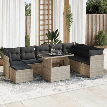 vidaXL 9-delige Loungeset met kussens poly rattan lichtgrijs, Verzenden, Loungeset