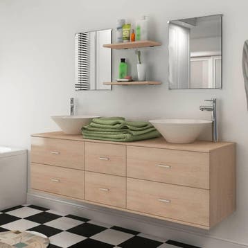 vidaXL Badkamermeubelset 9-delig met kraan en wasbak beige, Verzenden