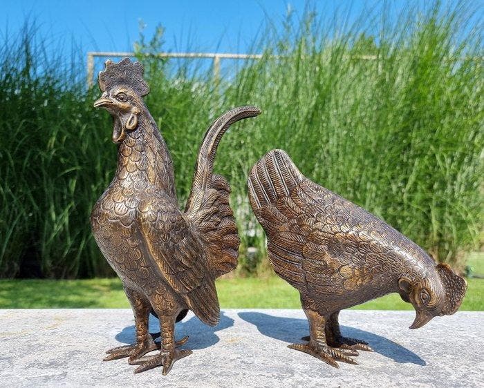 Beeldje - Chicken and rooster - Brons, Antiquités & Art, Curiosités & Brocante