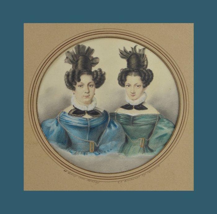 L. Lecomte (XIX) - Portrait de deux sœurs portant des, Antiek en Kunst, Kunst | Schilderijen | Klassiek