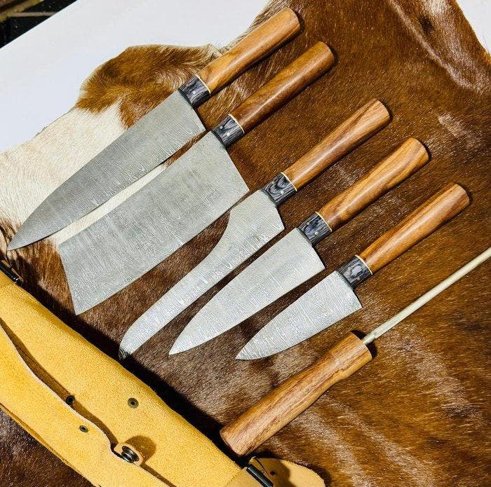 Keukenmes - Kitchen knife set - Keuken- en BBQ-set met leren, Antiek en Kunst, Antiek | Keukengerei