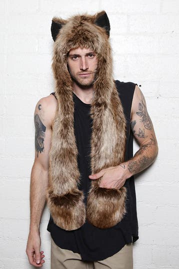 KIMU® Hood Bruine Wolf Muts Sjaal Wanten Oortjes Bruin Bontm, Kleding | Dames, Ophalen of Verzenden, Nieuw