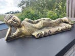 Beeld, 70 cm long gold colored bronze Buddha statue - 25 cm