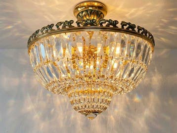 Plafondlamp - Vintage plafondlamp van messing en geslepen