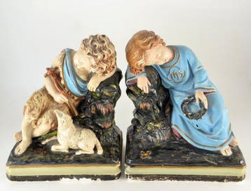 Beeldje, Pair of Large Polychromed Plaster Religious