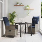 vidaXL Tafel en stoelen set met kussen 3 pcs Grijs PE Riet, Verzenden, Nieuw