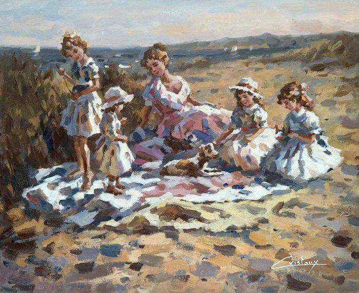 Francis Cristaux (1950) - Dans les Dunes - Fillettes et leur, Antiek en Kunst, Kunst | Schilderijen | Klassiek