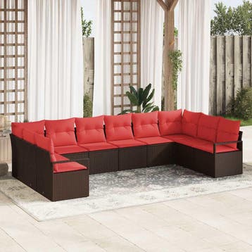 vidaXL Tuinbank Set 10 st Bruin en Rood poly rattan, Verzenden