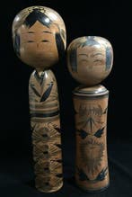 Set van 2 / Gesigneerd / Japanse vintage houten Kokeshi-pop