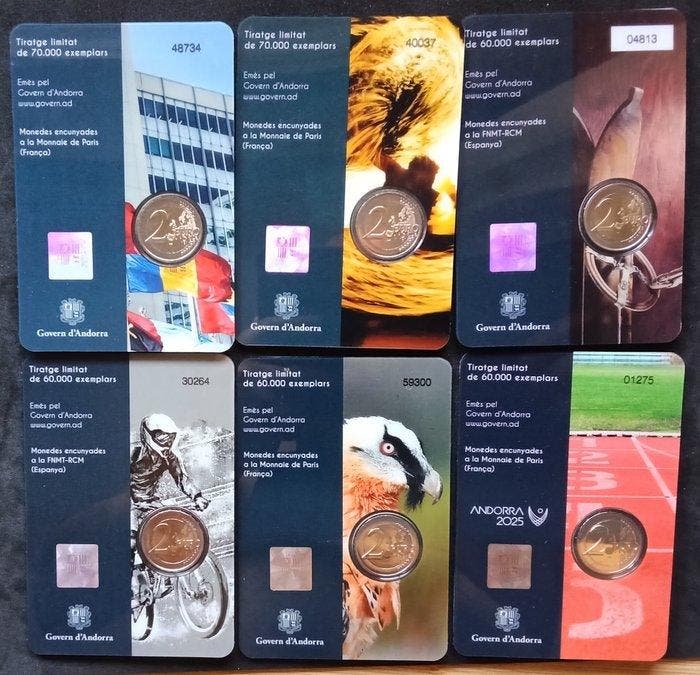 Andorra. 2 Euro 2023/2025 (6 coins) (Zonder minimumprijs), Timbres & Monnaies, Monnaies | Europe | Monnaies non-euro