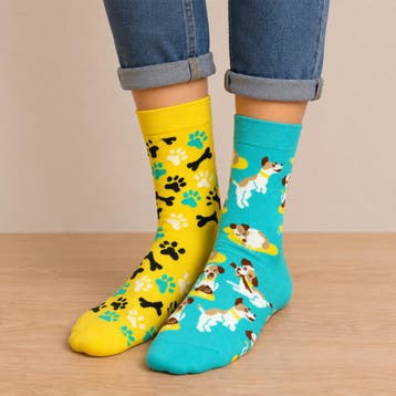 Sokken Katoen - Honden Print - Blauw Geel - Maat 38-45, Nieuw