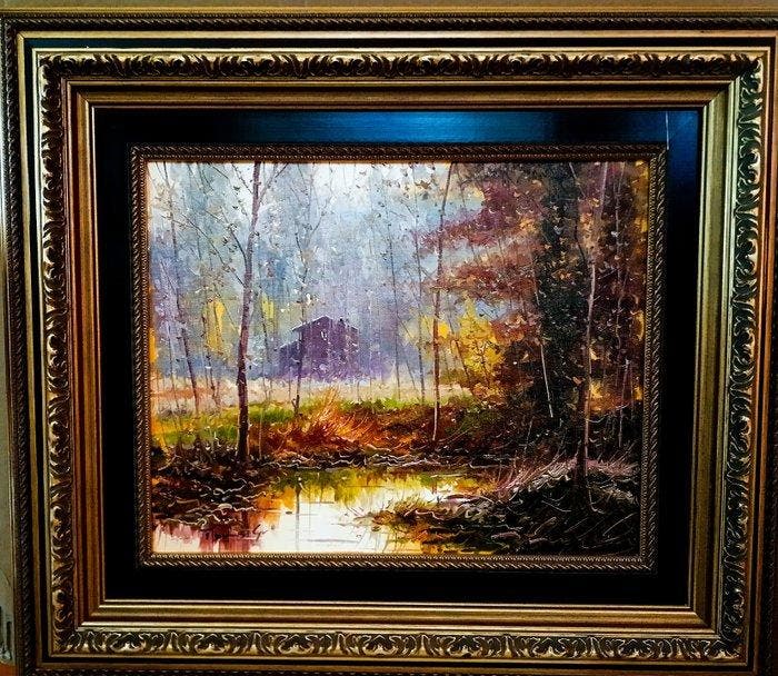 École espagnole (XX) - Paisaje Otoñal con Rio, Antiquités & Art, Art | Peinture | Classique