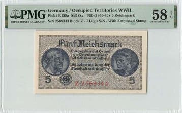 1940 Germany 5 Reichsmark Pick 138a Pmg Choice About Unc..., Verzenden