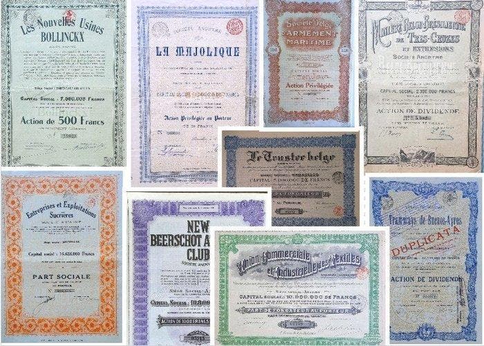 Belgique. 76 verschillende Belgische aandelen uit diverse, Antiek en Kunst, Antiek | Speelgoed