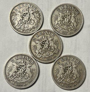 Zweden. Oscar II. 2 Kronor 5x 1892/1898, incl. Key dates, Postzegels en Munten, Postzegels | Europa | Rusland, Gestempeld