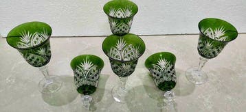 Verre à eau (6) - Cristal - Cristal bohème vert, Antiquités & Art