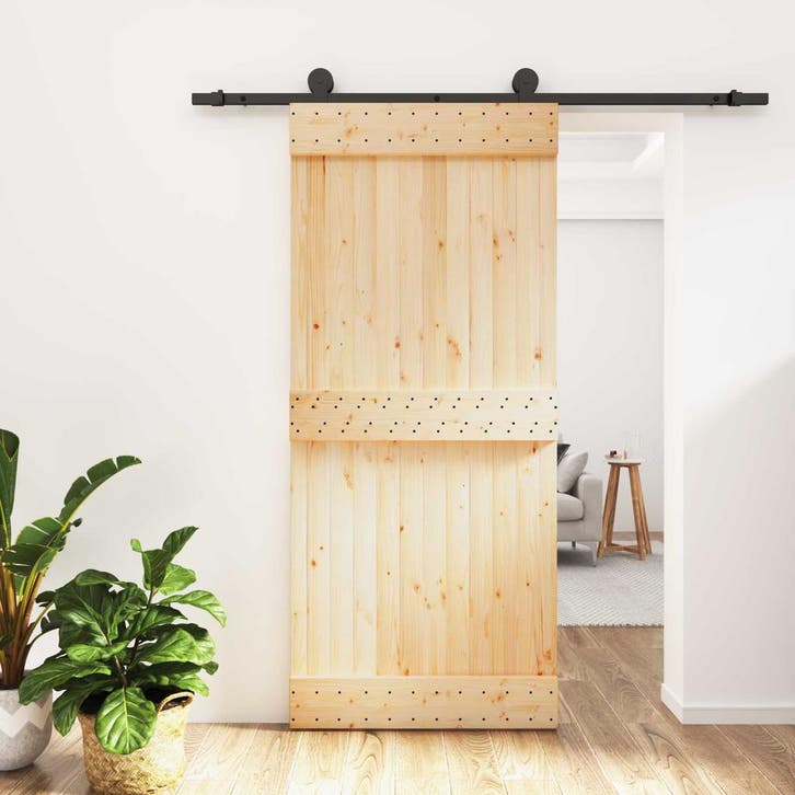 vidaXL Schuifdeur Naturel en Zwart 90 x 210 cm Massief Pine, Doe-het-zelf en Bouw, Deuren en Vliegenramen, Nieuw, Verzenden