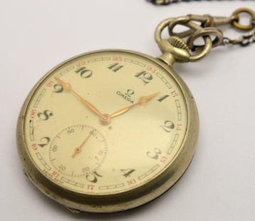 Omega - Swiss mechanical pocket watch with silver chain -