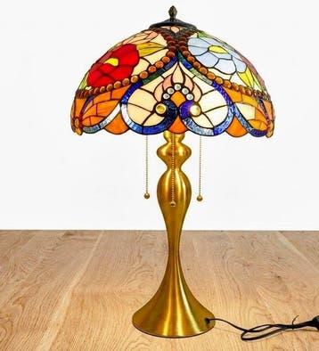 Lampe de table - Laiton doré, Vitrail - Style Tiffany, Antiquités & Art
