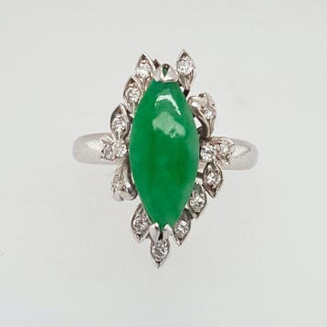 Ring - 9 kt. Witgoud Jade - Diamant, Nieuw