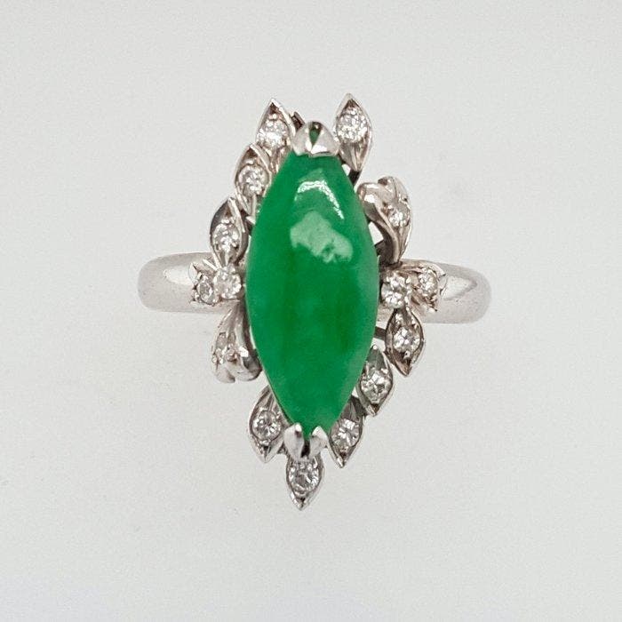 Ring - 9 kt. Witgoud Jade - Diamant, Bijoux, Sacs & Beauté, Bagues