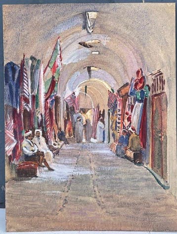 École française (XX) - Marché de tissus orientaliste (Vendu