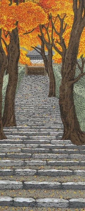 Autumn leaves, Stairway to the temple - Teruhide Kato