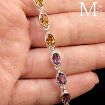 Zilveren armband met natuurlijke veelkleurige edelstenen -, Verzamelen, Mineralen en Fossielen