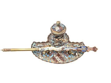 Ravissant encrié et porte plume en laiton Cloisonné -