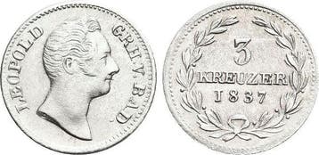 3 Kreuzer 1837 Baden-durlach Leopold 1830-1852, Verzenden, België