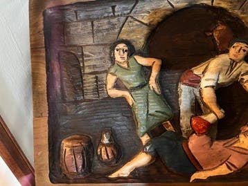 Reliëf, Scena di Cantina - 27.5 cm - Hout - 1970
