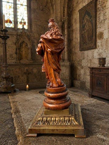 sculptuur, Buxushout gesneden Maria & Kind op Bronzen sokkel