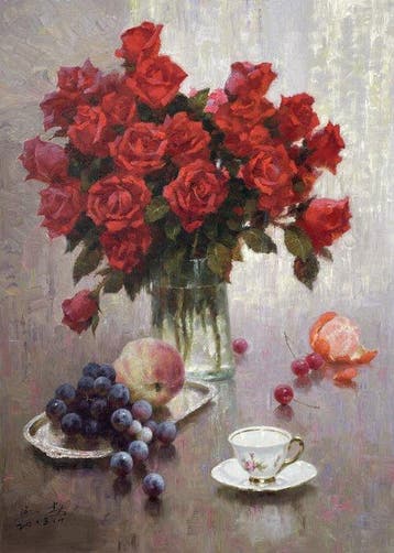 Xu Yanchun - Still Life with Red Roses and Fruit