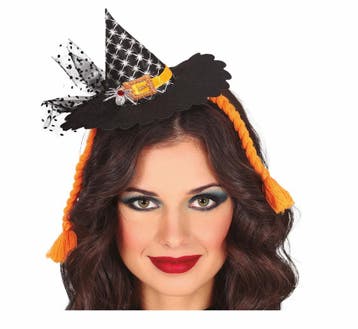 Halloween Haarband Mini Heksenhoed Oranje Vlechtjes, Verzenden, Nieuw