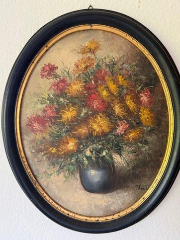 French School (XX) - Blumenstillleben Oval Floutier