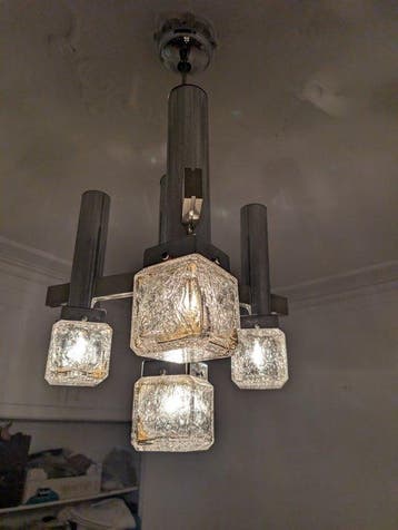 Lampe à suspendre - Verre - Structure en métal chromé -, Antiquités & Art
