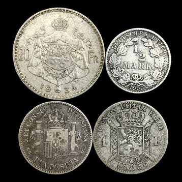 Belgique, Espagne, Allemagne. 4 Silver Coins (1 Franc + 1x