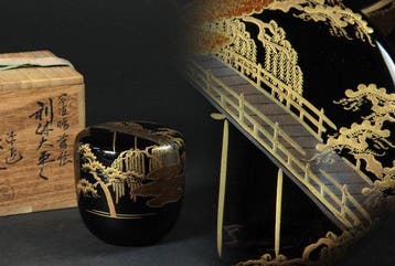 Natsume - Wajima-lakken theeopslagdoosje met Uji-brug Maki-e