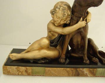 Armand Godard - sculptuur, Petite fille et son chien - 32